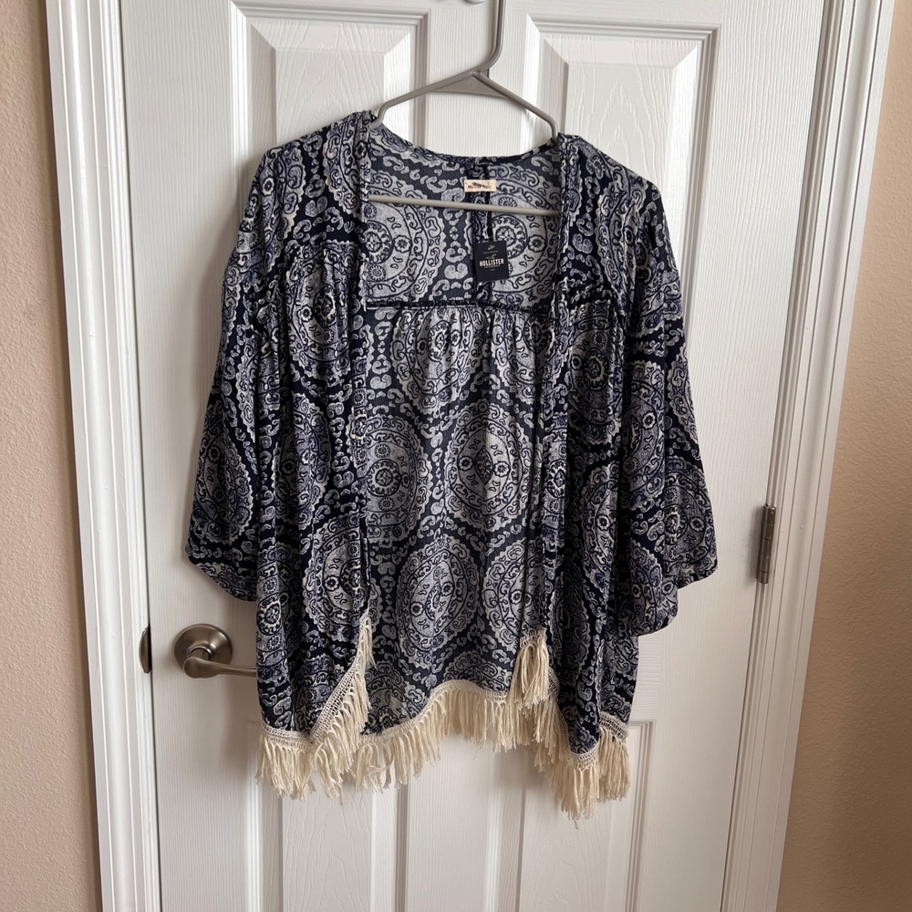 NWT Hollister Kimono‎ Cover-Up Fringe Bohemian Blue White Small